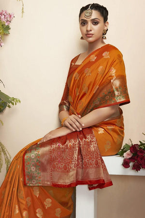 Tangerine Orange Flower Butta Paithani Saree