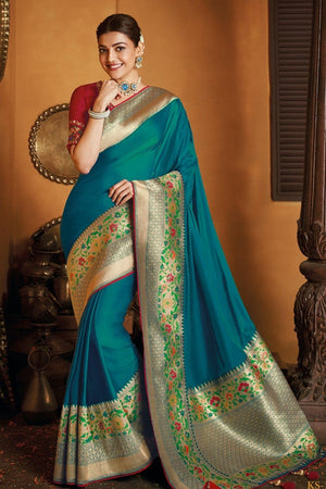 Teal Blue Contemporary Zari Woven Paithani Saree With Designer Blouse - From Paithani Brocade Fusion Collection