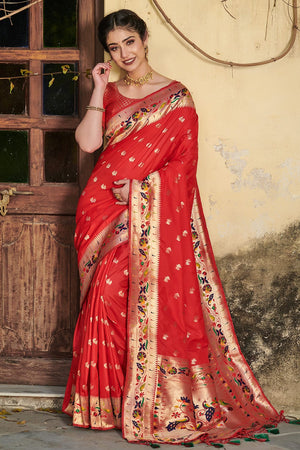 Vibrant Red Paithani Saree