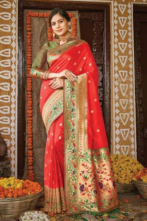 Vivid Red Paithani Saree