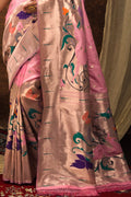 pink silk saree, paithani saree design