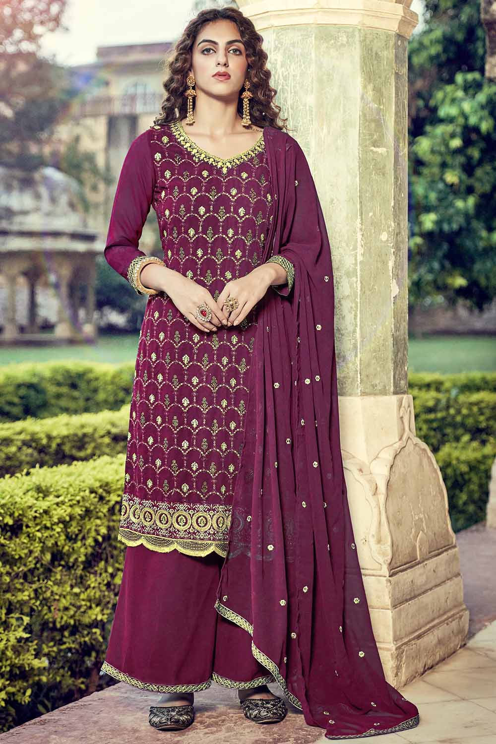 Pretty Georgette Fabric Embroidered Maroon Color Festive Wear Palazzo Suit