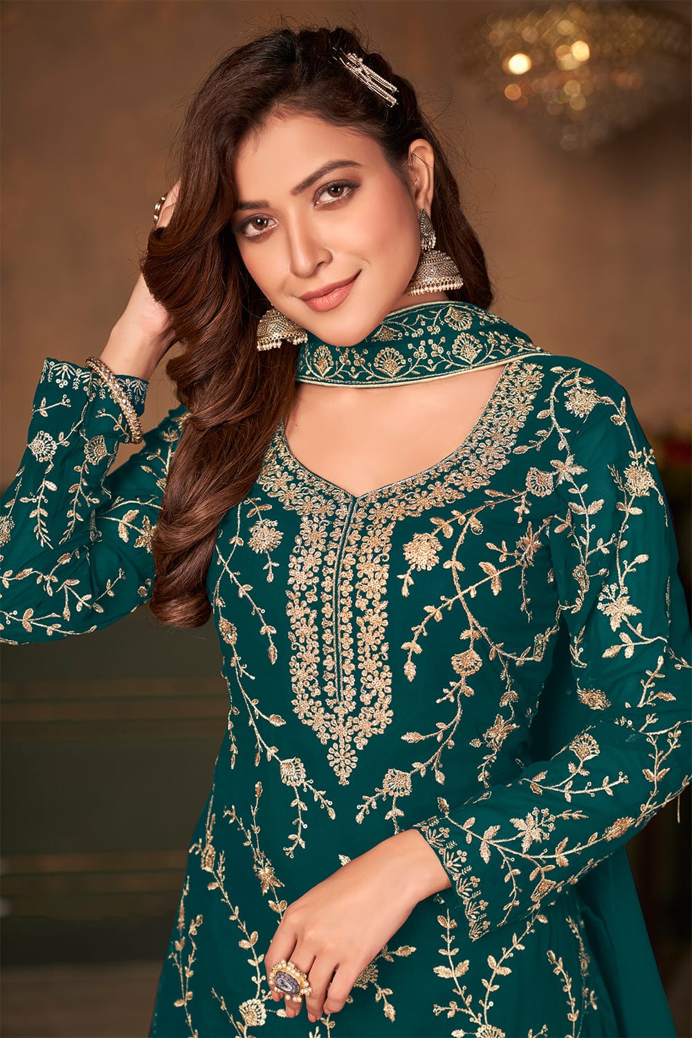 green plazo dress Green Chinon Silk Palazzo Suit For Indian Festivals & Pakistani Plazo Wedding Dress