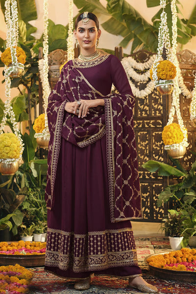 maroon jacquard embroidered palazzo suit 6702 | Dress materials, Chiffon  fashion, Embroidered dress