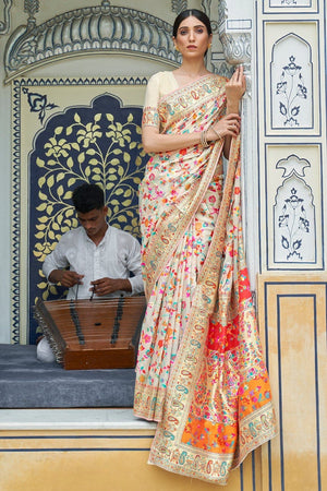 Beige Kashmiri Pashmina Saree