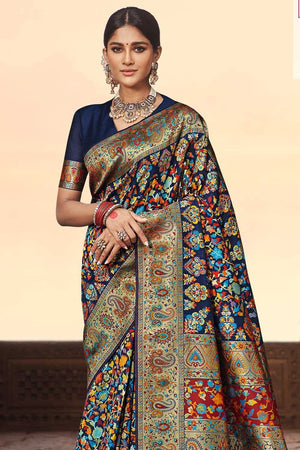 Indigo Blue Heavy Embroidery Pashmina Saree