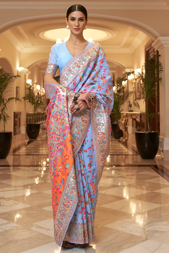 blue pashmina silk saree