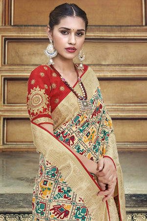 Beige Red Woven Patola Saree With Banarasi Border And Designer Embroidered Blouse
