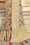 Patola Saree Beige Red Woven Patola Saree With Banarasi Border And Designer Embroidered Blouse saree online