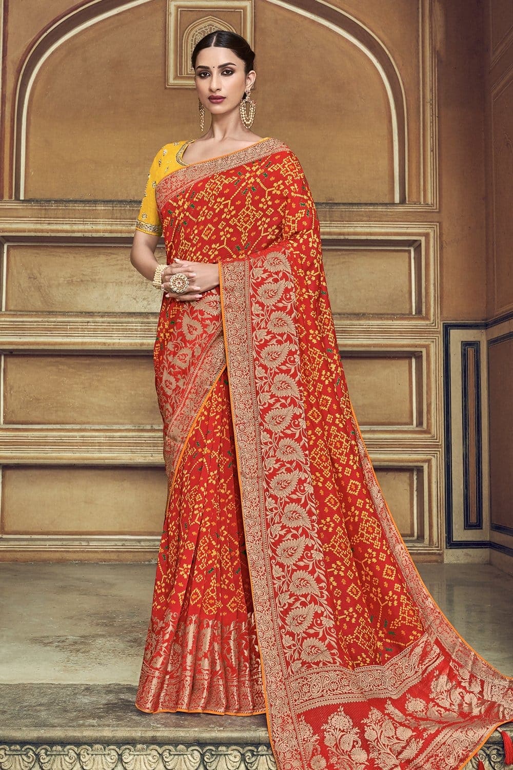 Patola Saree Bridal Red Woven Patola Saree With Banarasi Border And Designer Embroidered Blouse saree online