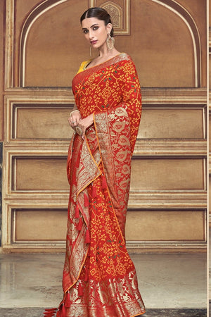Bridal Red Woven Patola Saree With Banarasi Border And Designer Embroidered Blouse