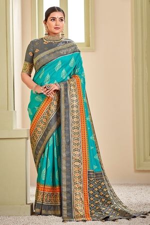 Cyan Blue Patola Saree