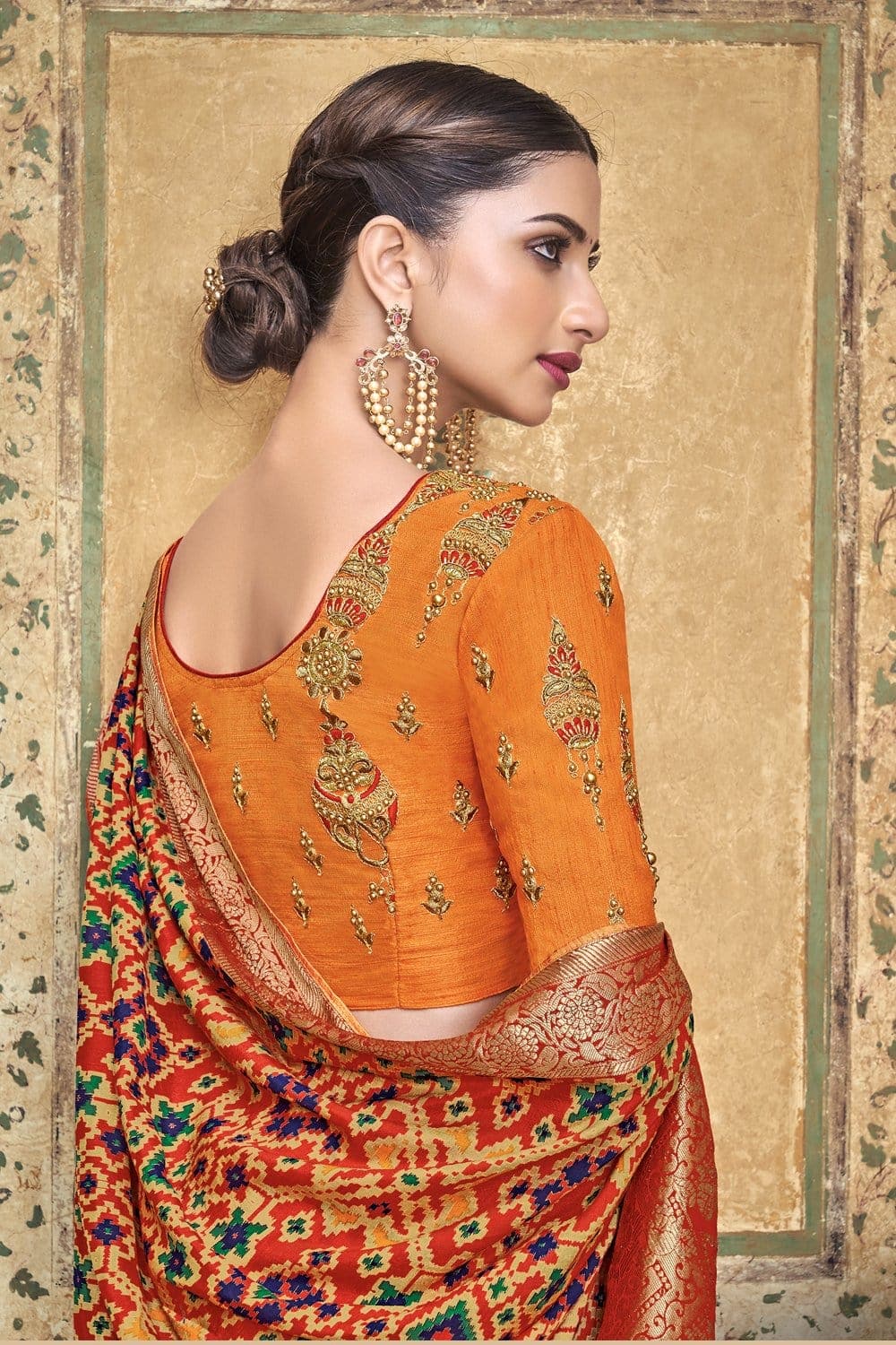 Patola Saree Red Orange Woven Patola Saree With Banarasi Border And Designer Embroidered Blouse saree online