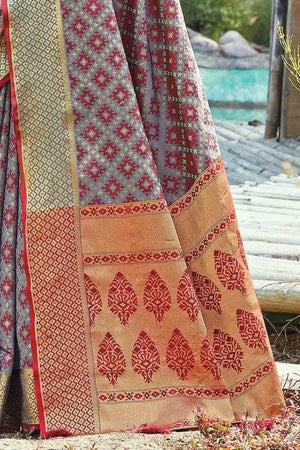 Silver Grey Printed Patola Saree