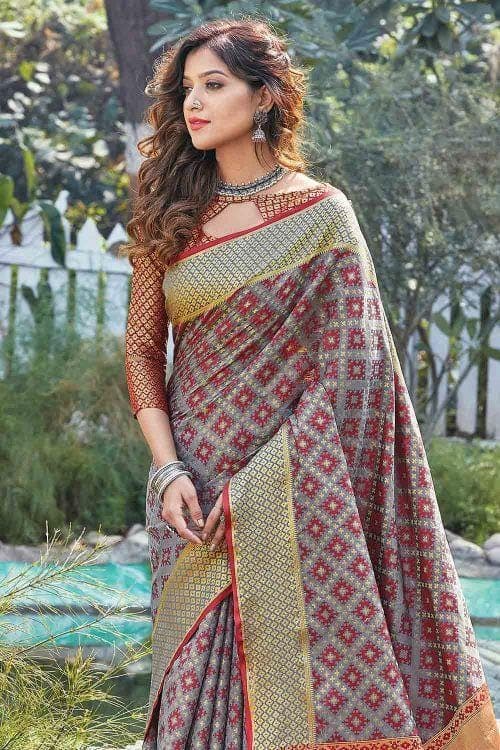 Silver Grey Printed Patola Saree