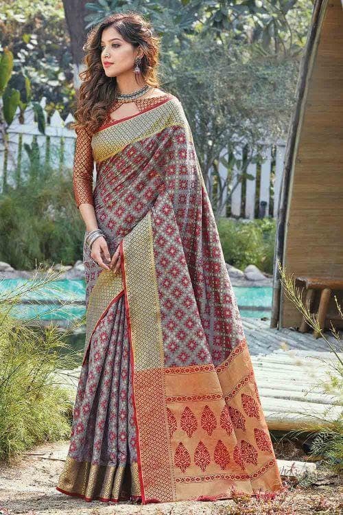 Silver Grey Printed Patola Saree