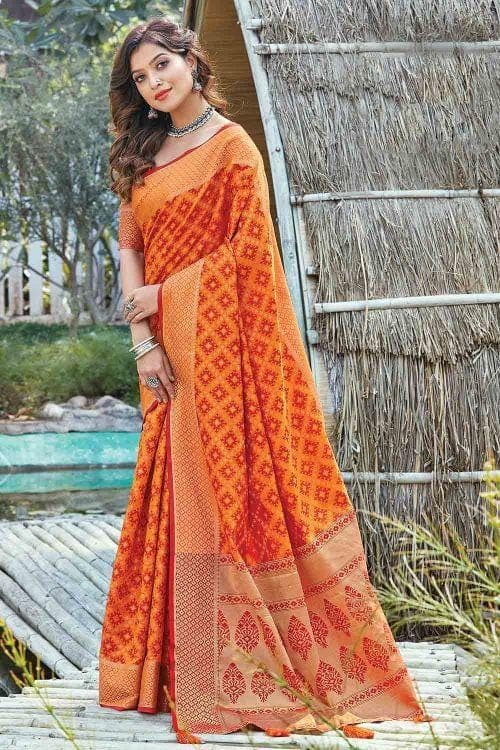 Sunset Orange Printed Patola Saree