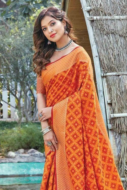 Sunset Orange Printed Patola Saree