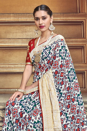 White Red Woven Patola Saree With Banarasi Border And Designer Embroidered Blouse