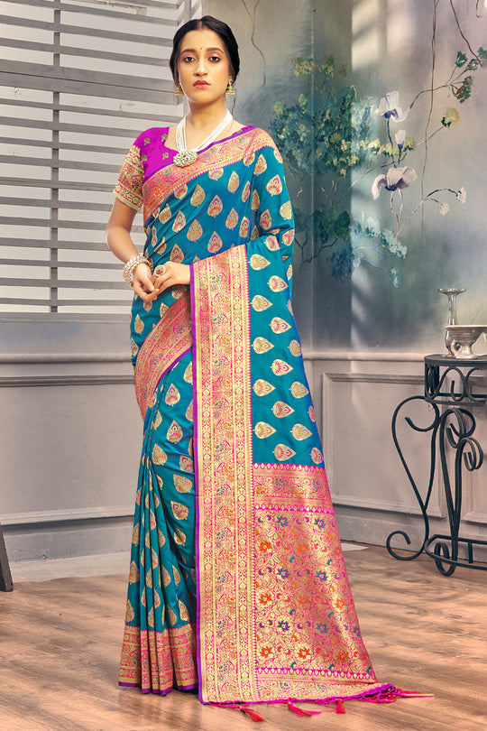 Cyan Blue Banarasi Saree
