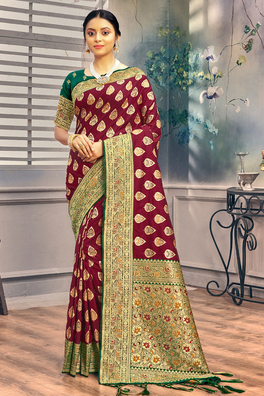 Dark Maroon Banarasi Saree