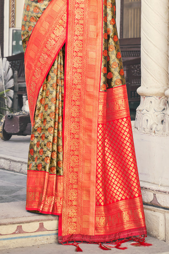 Brown And Peach Kanjivaram Saree