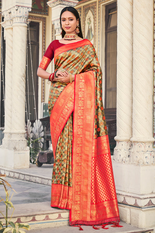 Brown And Peach Kanjivaram Saree