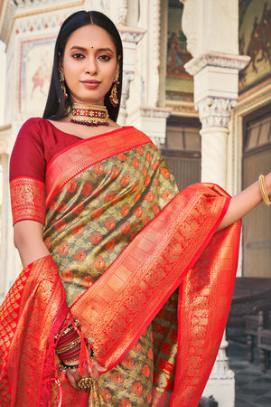 Brown And Peach Kanjivaram Saree