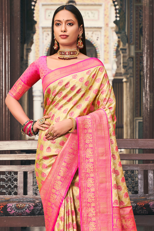 Beige And Pink Kanjivaram Saree