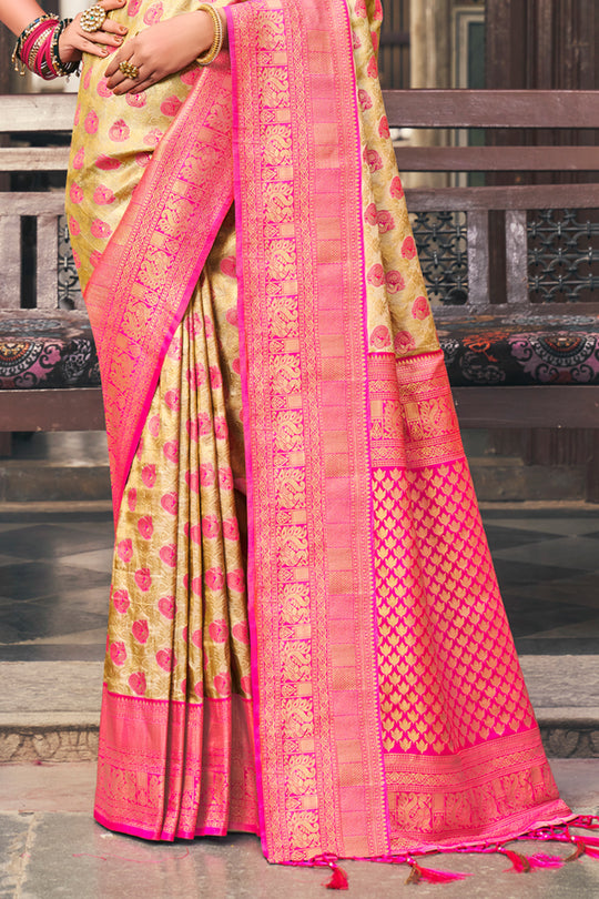 Beige And Pink Kanjivaram Saree
