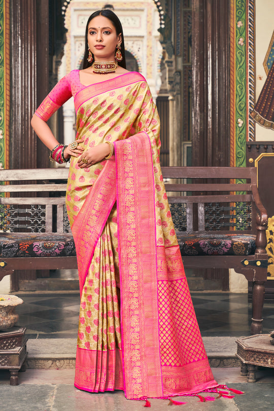 Beige And Pink Kanjivaram Saree