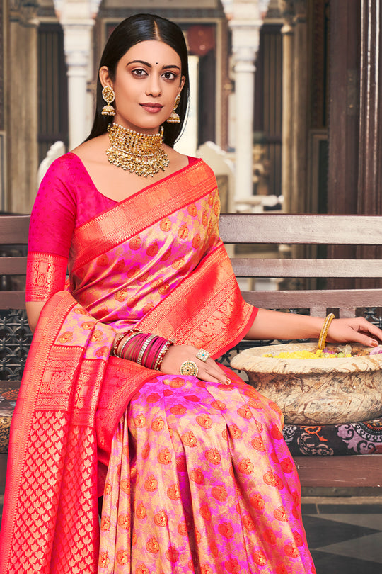 Pink And Orange Kanjivaram Saree