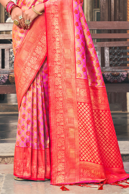 Pink And Orange Kanjivaram Saree