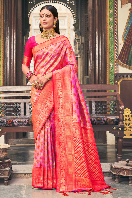 Pink And Orange Kanjivaram Saree