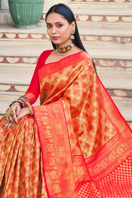 Orange And Red Kanjivaram Saree