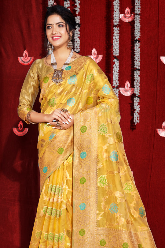 Lemon Yellow Organza Saree