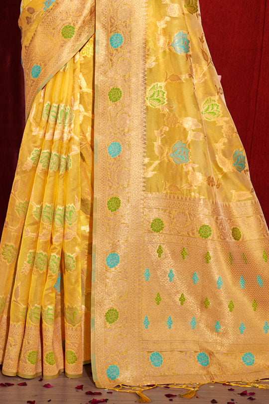 Lemon Yellow Organza Saree