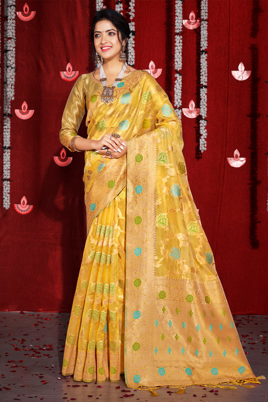 Lemon Yellow Organza Saree