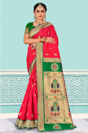 Pink And Green Paithani Silk Saree