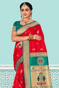 Red And Teal Paithani Silk Saree