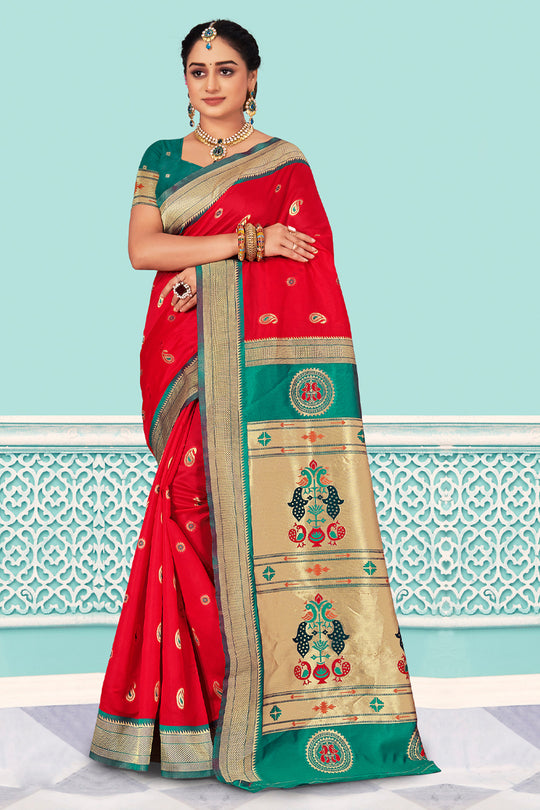 Red And Teal Paithani Silk Saree