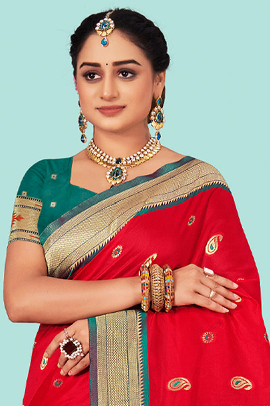 Red And Teal Paithani Silk Saree
