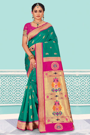 Green And Pink Paithani Silk Saree
