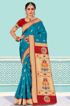 Blue And Red Paithani Silk Saree