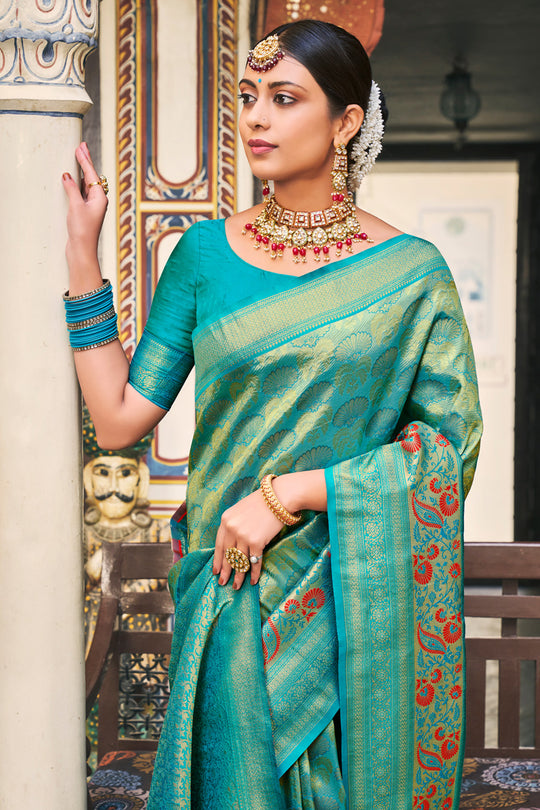 Ocean Green Kanjivaram Silk Saree