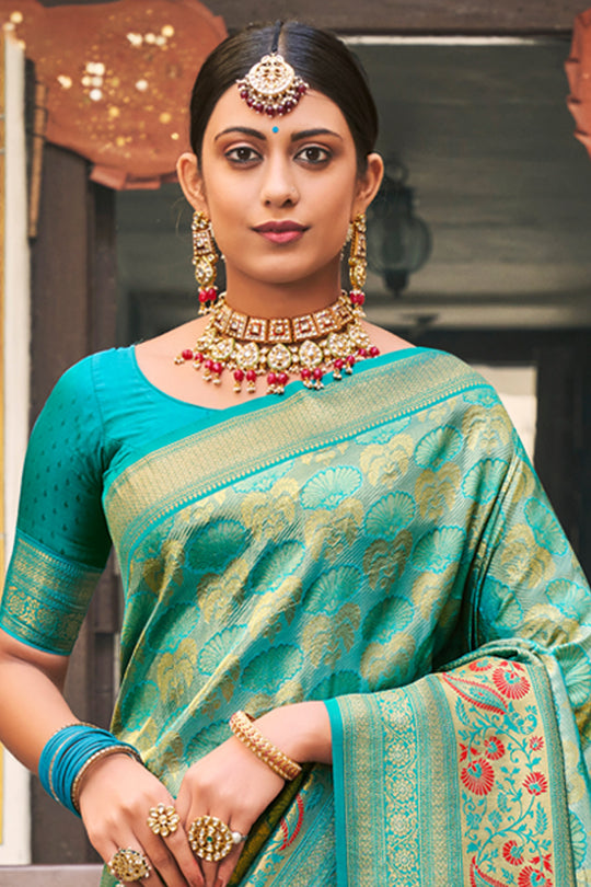 Ocean Green Kanjivaram Silk Saree
