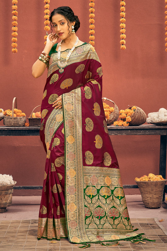 Dark Maroon Banarasi Saree
