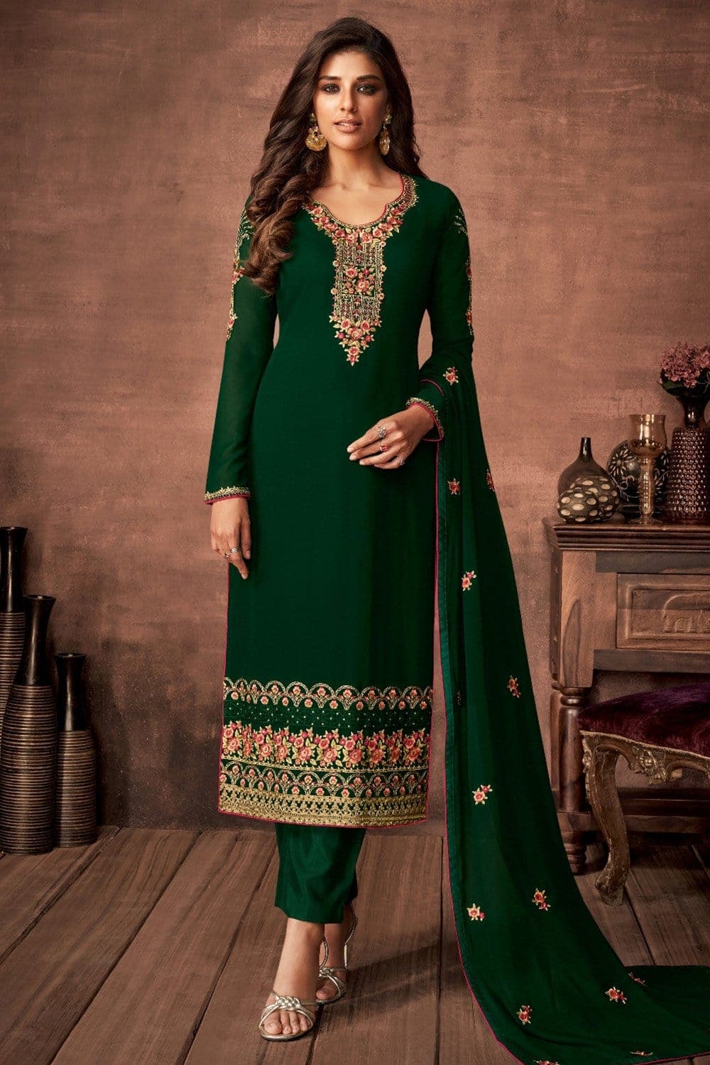 Designer Green Salwar Suit With Dupatta In Satin Georgette EXMAY49 –  ShreeFashionWear