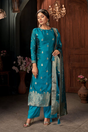 Cyan Blue Unstitched Salwar Suit