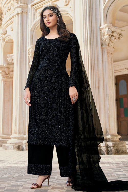 Buy Black Upada Silk Embroidered Churidar Suit | Churidar Salwar Suits